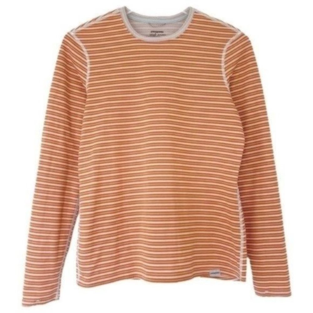 Patagonia Capilene 3 Polartec Midweight Orange White Stripe Long Sleeve Top Sz M